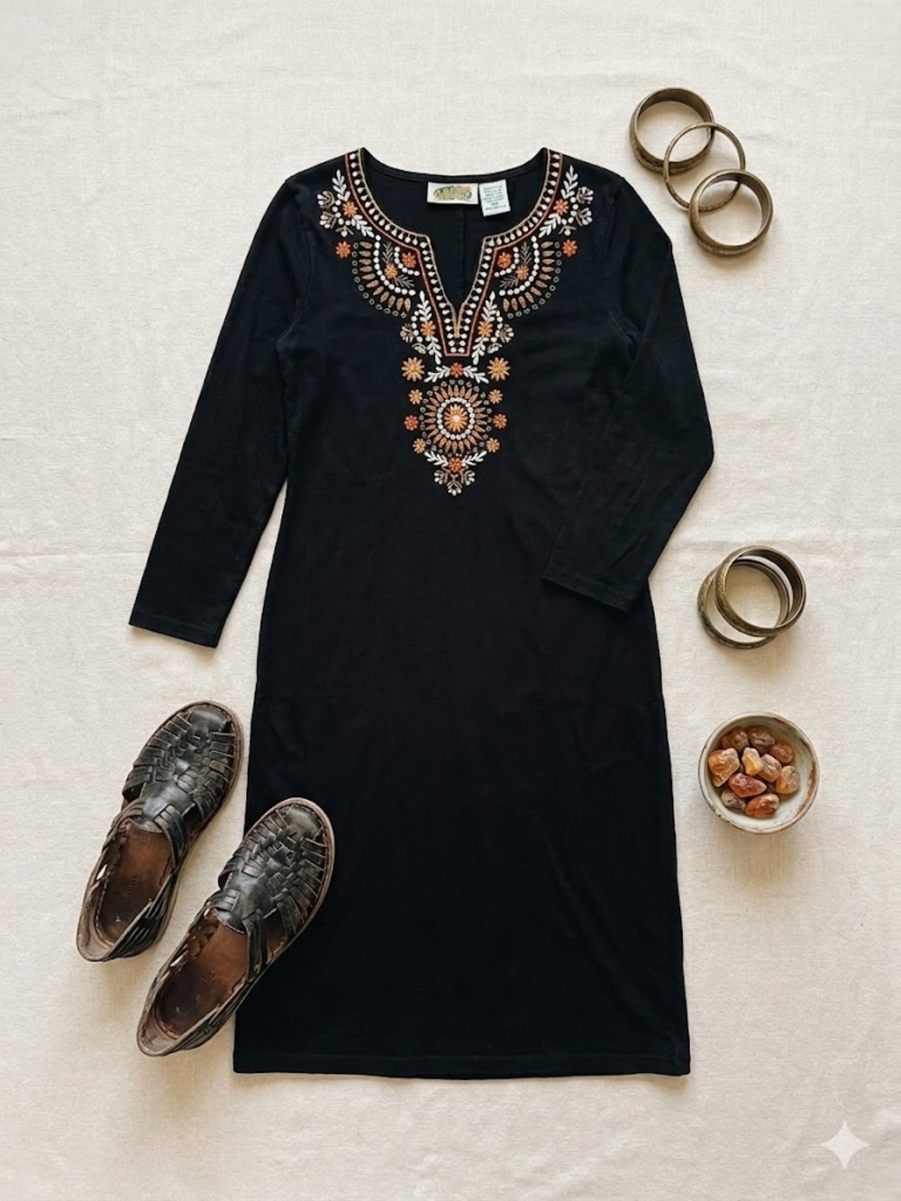 Collections Etc Black Embroidered Boho Long Sleeve Midi Dress
